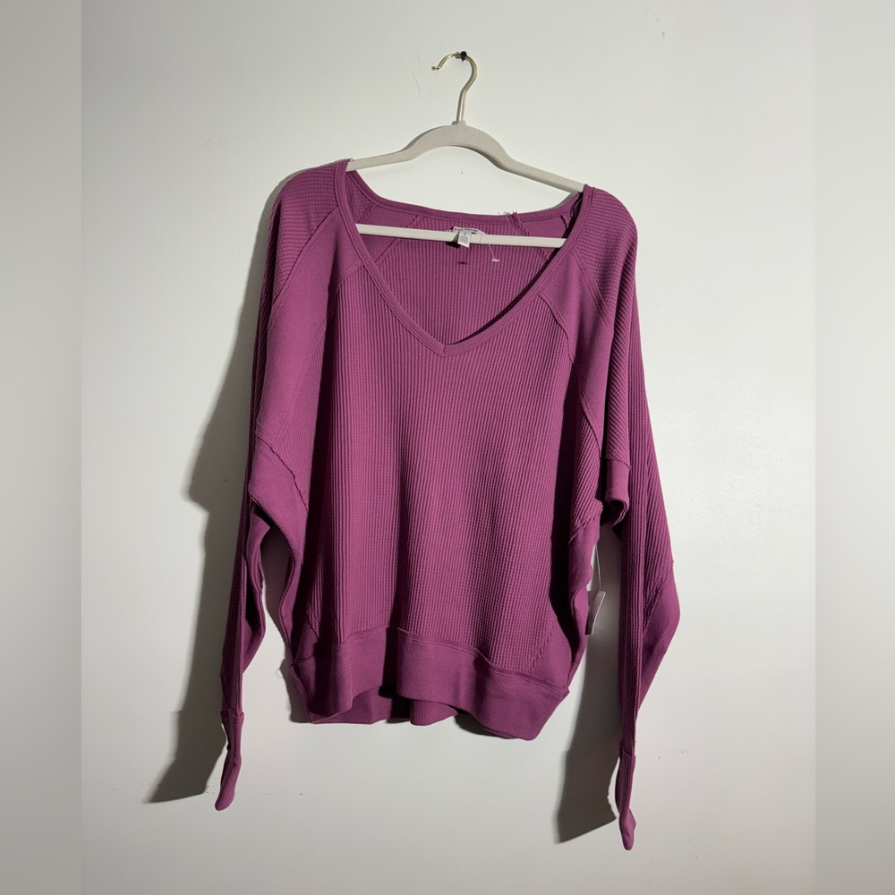 Free People NWT Santa Clara Thermal Long Sleeve Vneck top in Mulberry